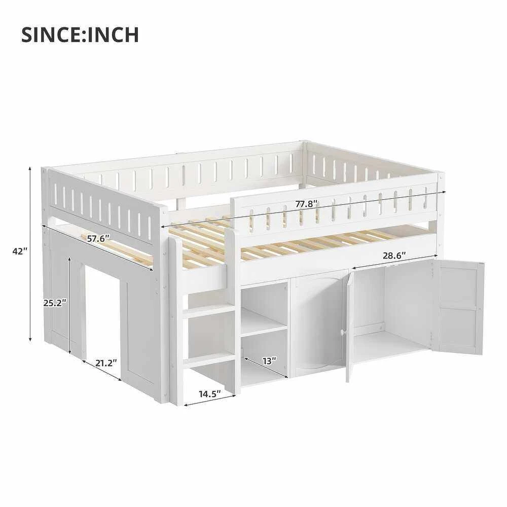 Letto a soppalco per bambini in legno massello con armadietto portaoggetti e libreria integrati, let