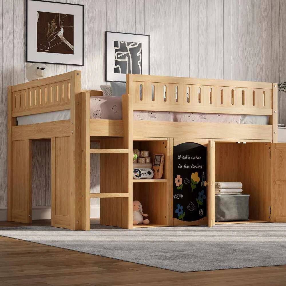 Letto a soppalco per bambini in legno massello con armadietto portaoggetti e libreria integrati, let