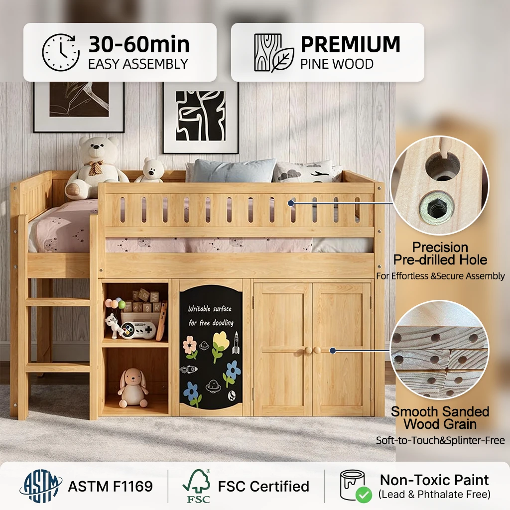 Letto a soppalco per bambini in legno massello con armadietto portaoggetti e libreria integrati, let