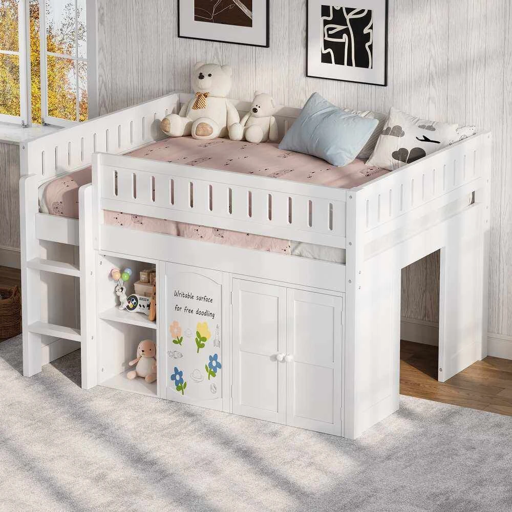 Letto a soppalco per bambini in legno massello con armadietto portaoggetti e libreria integrati, let