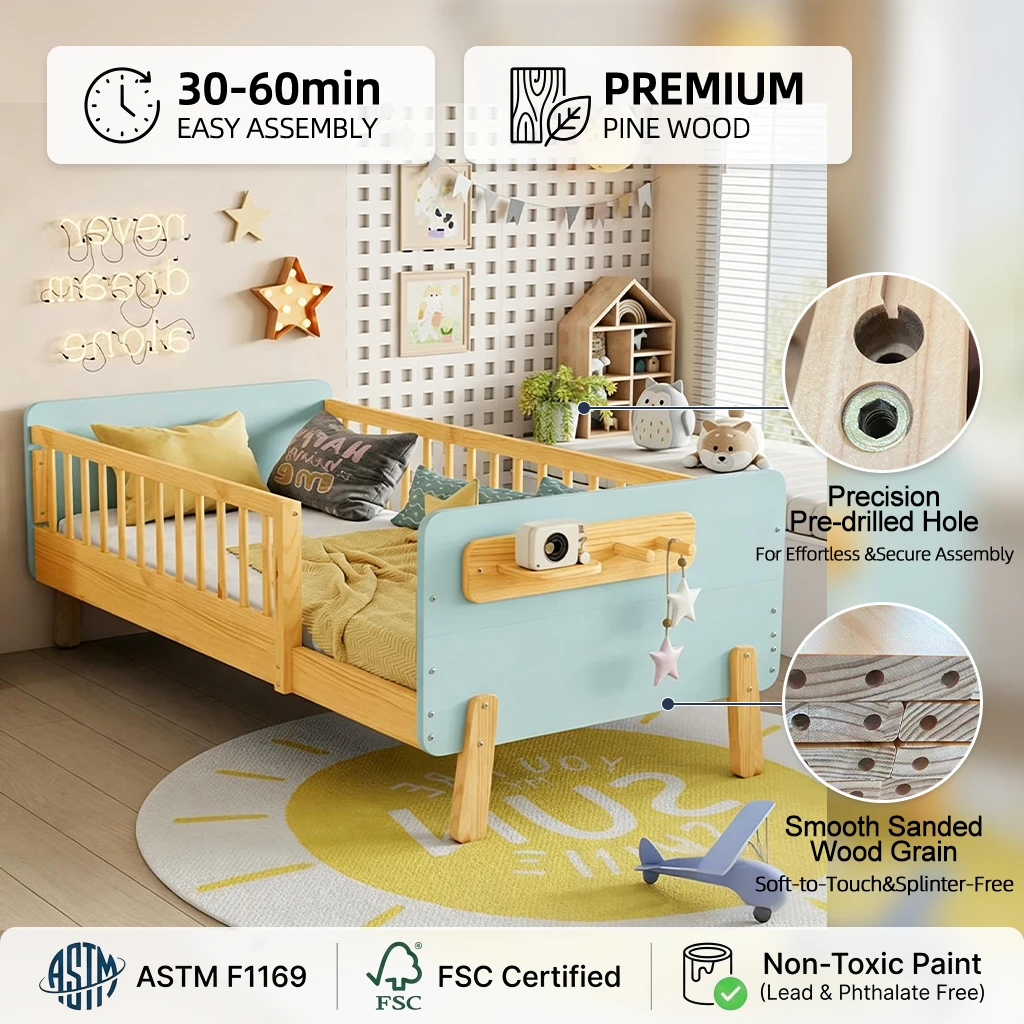 Letto moderno per bambini con piattaforma in legno massello con sponde di sicurezza e ripiano integr