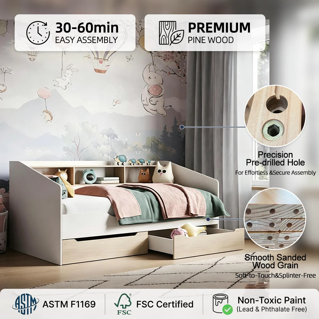 Moderno divano letto per bambini con libreria integrata e 2 cassetti portaoggetti sotto il letto, mi