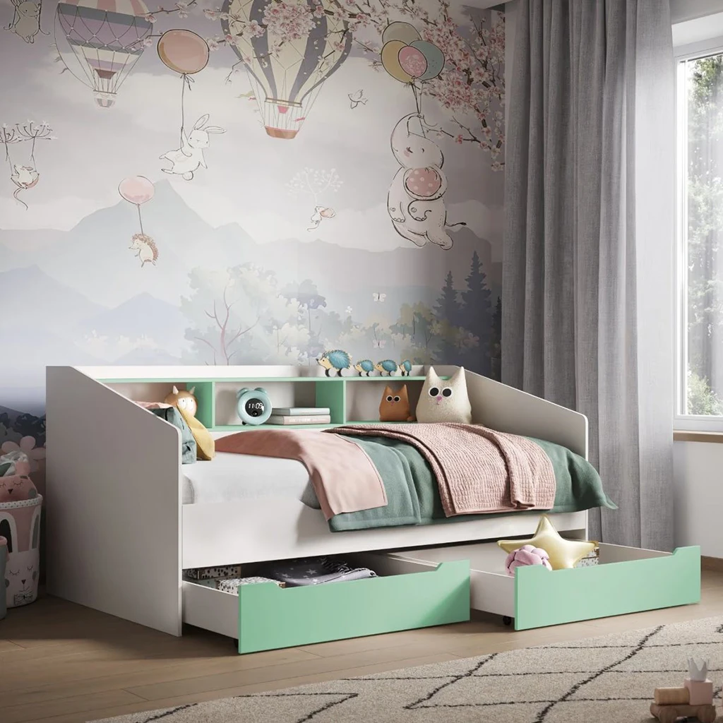 Moderno divano letto per bambini con libreria integrata e 2 cassetti portaoggetti sotto il letto, mi