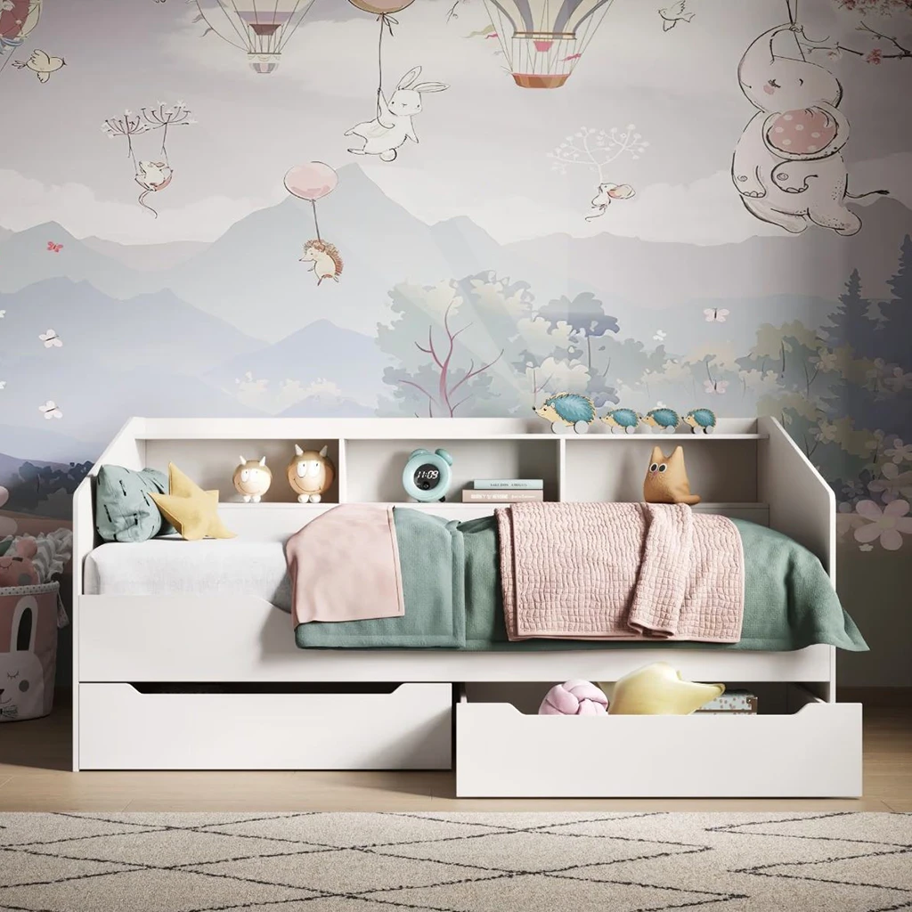 Moderno divano letto per bambini con libreria integrata e 2 cassetti portaoggetti sotto il letto, mi