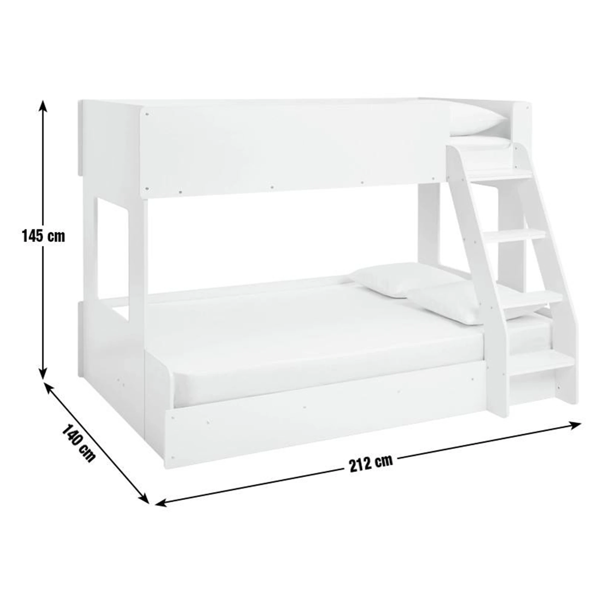 Letto a castello moderno in legno bianco per bambini, due letti singoli su soppalco con sponde di si
