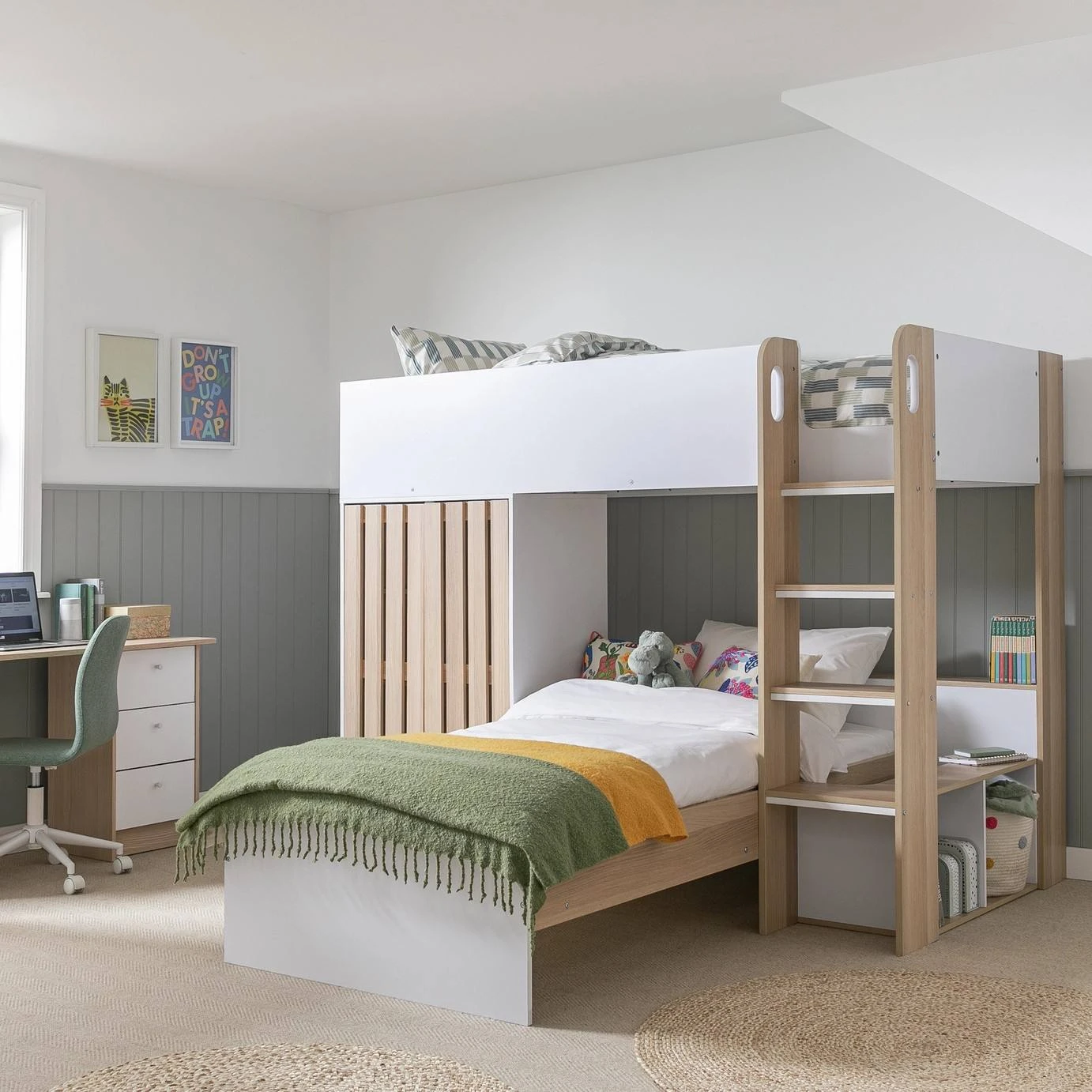 Letto a soppalco moderno e multifunzionale per bambini con armadio integrato e scrivania, letto a so