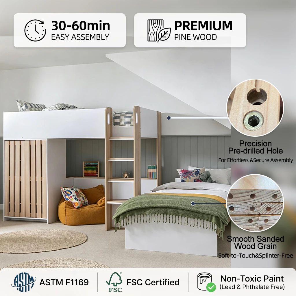 Letto a soppalco moderno e multifunzionale per bambini con armadio integrato e scrivania, letto a so
