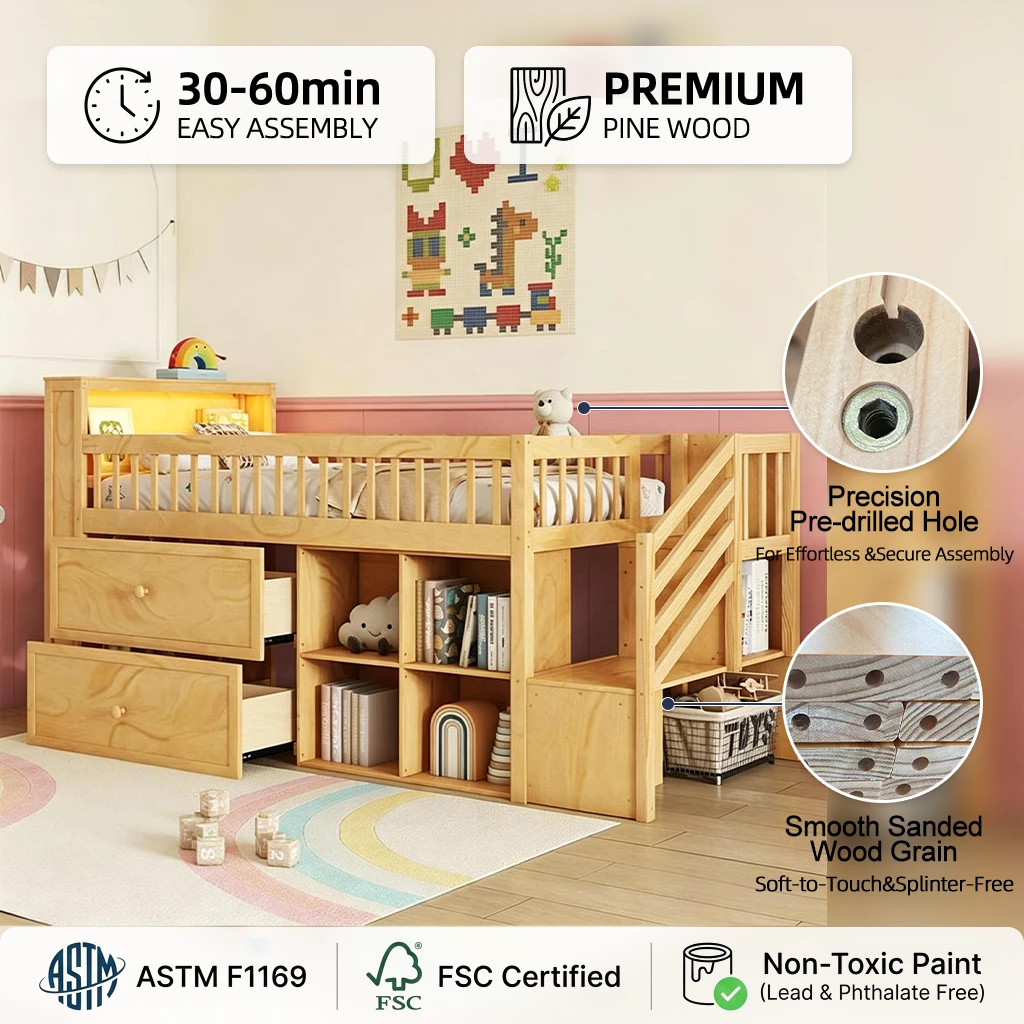 Letto a soppalco moderno per bambini in legno massello con contenitori sulla testiera a LED, libreri