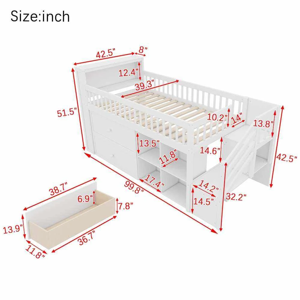 Letto a soppalco moderno per bambini in legno massello con contenitori sulla testiera a LED, libreri