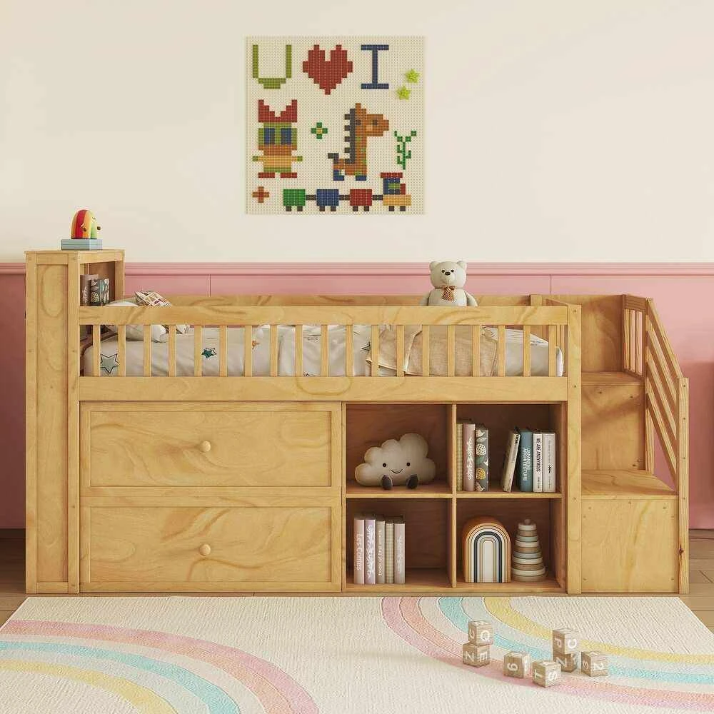 Letto a soppalco moderno per bambini in legno massello con contenitori sulla testiera a LED, libreri