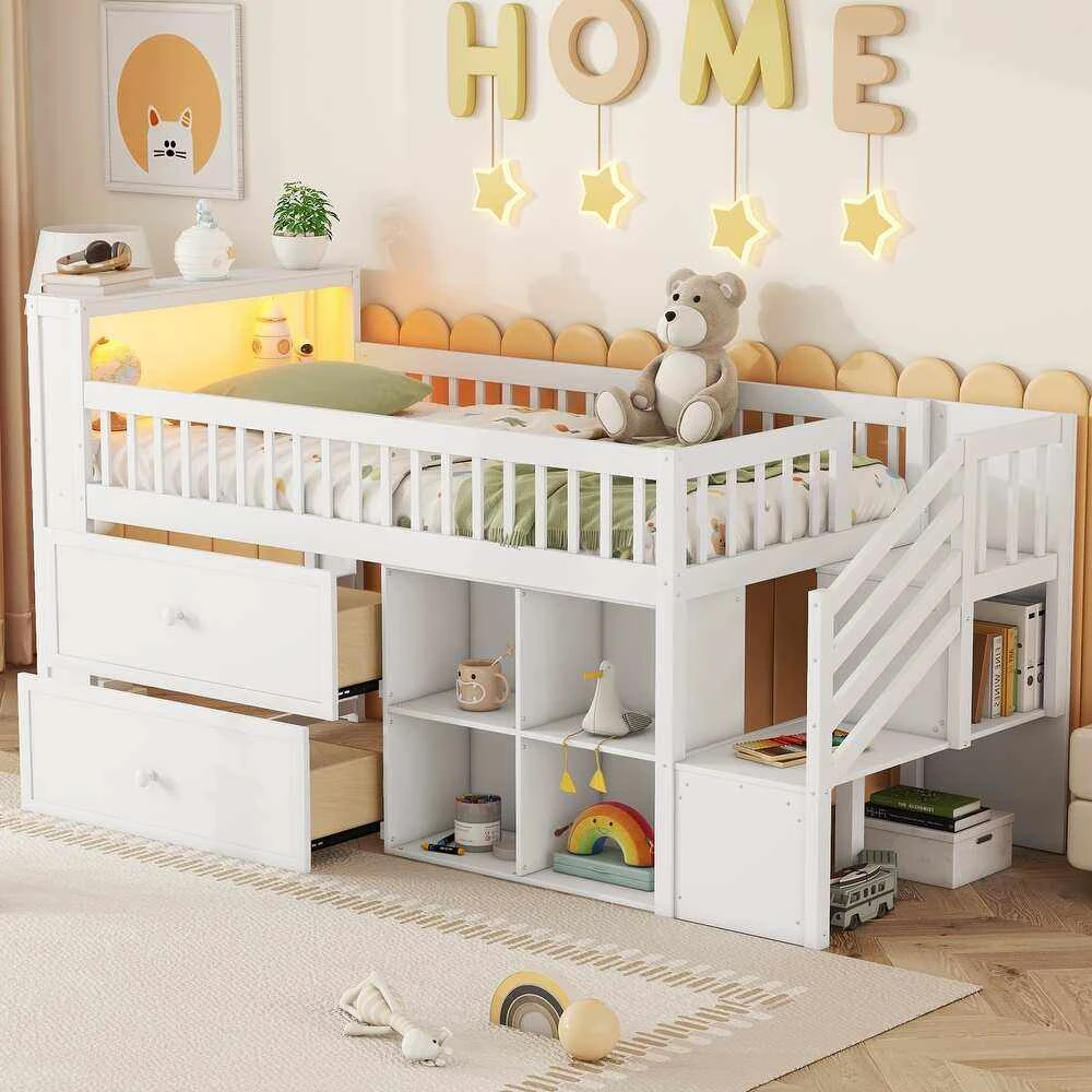 Letto a soppalco moderno per bambini in legno massello con contenitori sulla testiera a LED, libreri