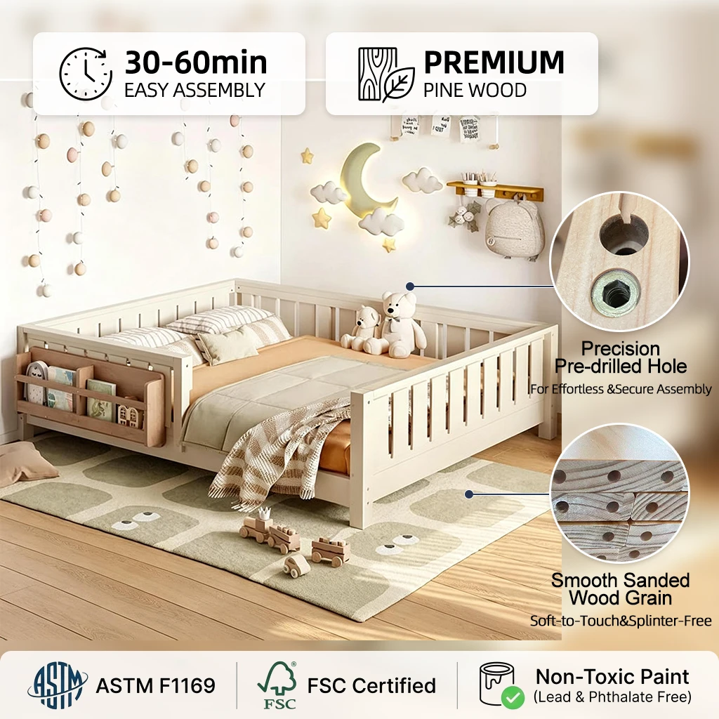 Letto da terra per bambini Montessori con sponde di sicurezza e libreria integrata, moderno in legno