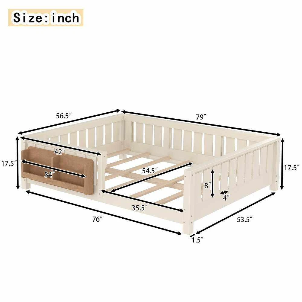 Letto da terra per bambini Montessori con sponde di sicurezza e libreria integrata, moderno in legno