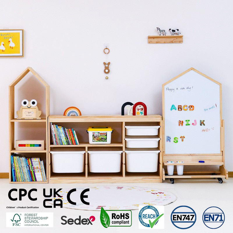 Set organizer per riporre i giocattoli Montessori, libreria per bambini in legno massello con conten