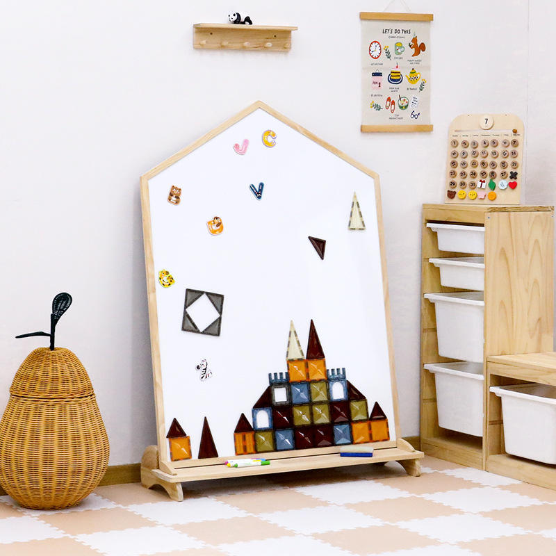 Cavalletto magnetico da disegno per bambini moderno a forma di casa, lavagna bianca e lavagna per ba