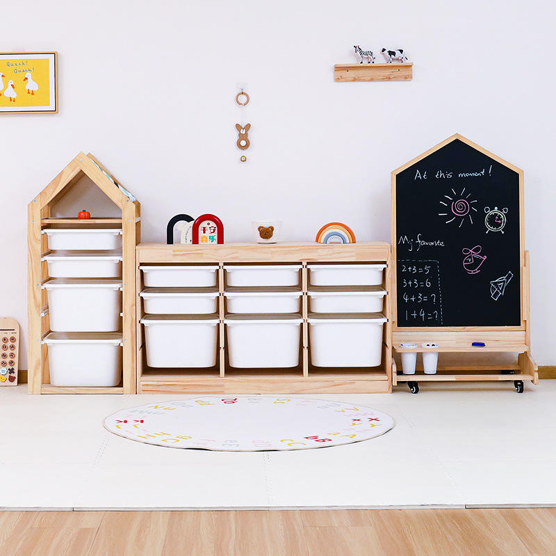 Set organizer per riporre i giocattoli Montessori, libreria per bambini in legno massello con conten