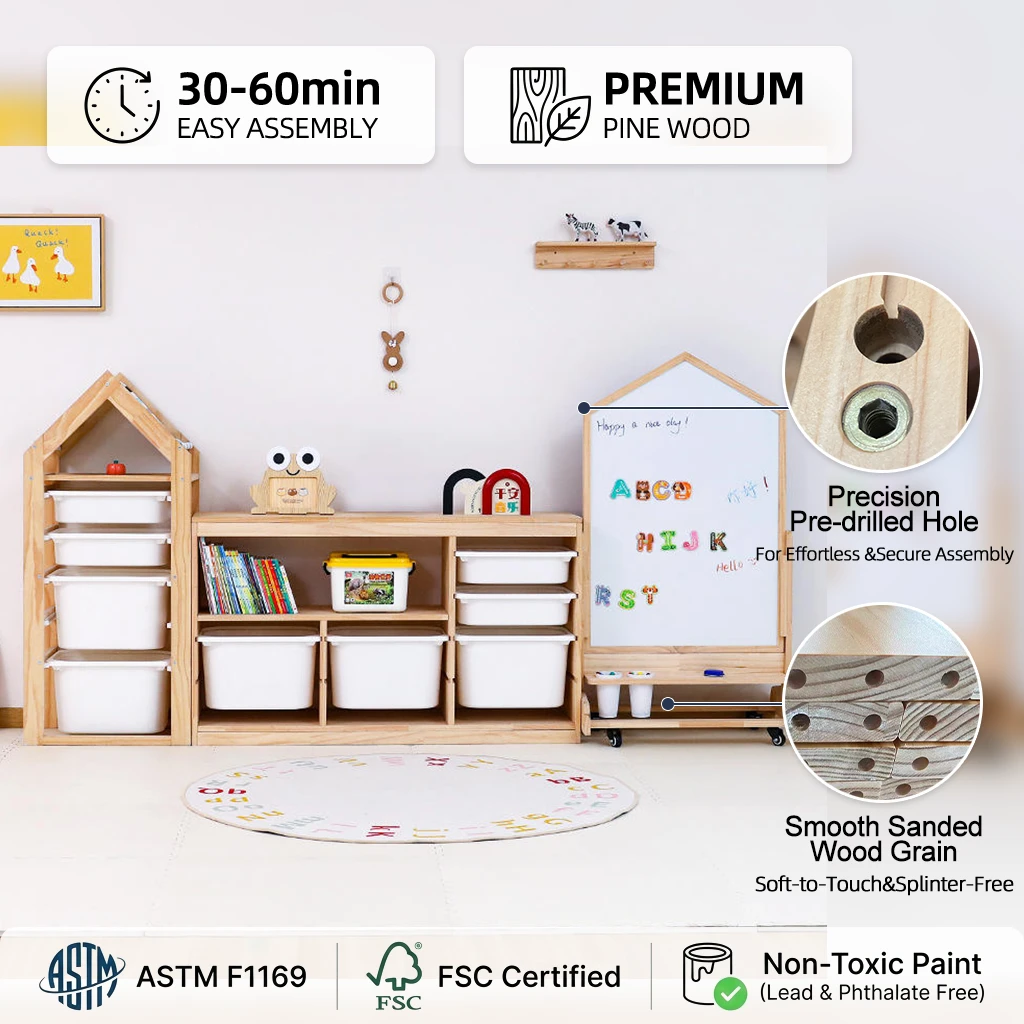 Set organizer per riporre i giocattoli Montessori, libreria per bambini in legno massello con conten