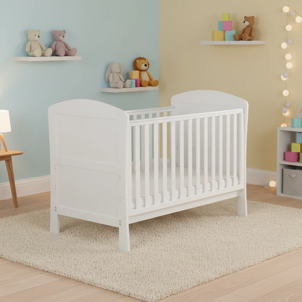 Lettino per bambini classico in legno massello bianco con testiera ad arco, lettino per neonati mode