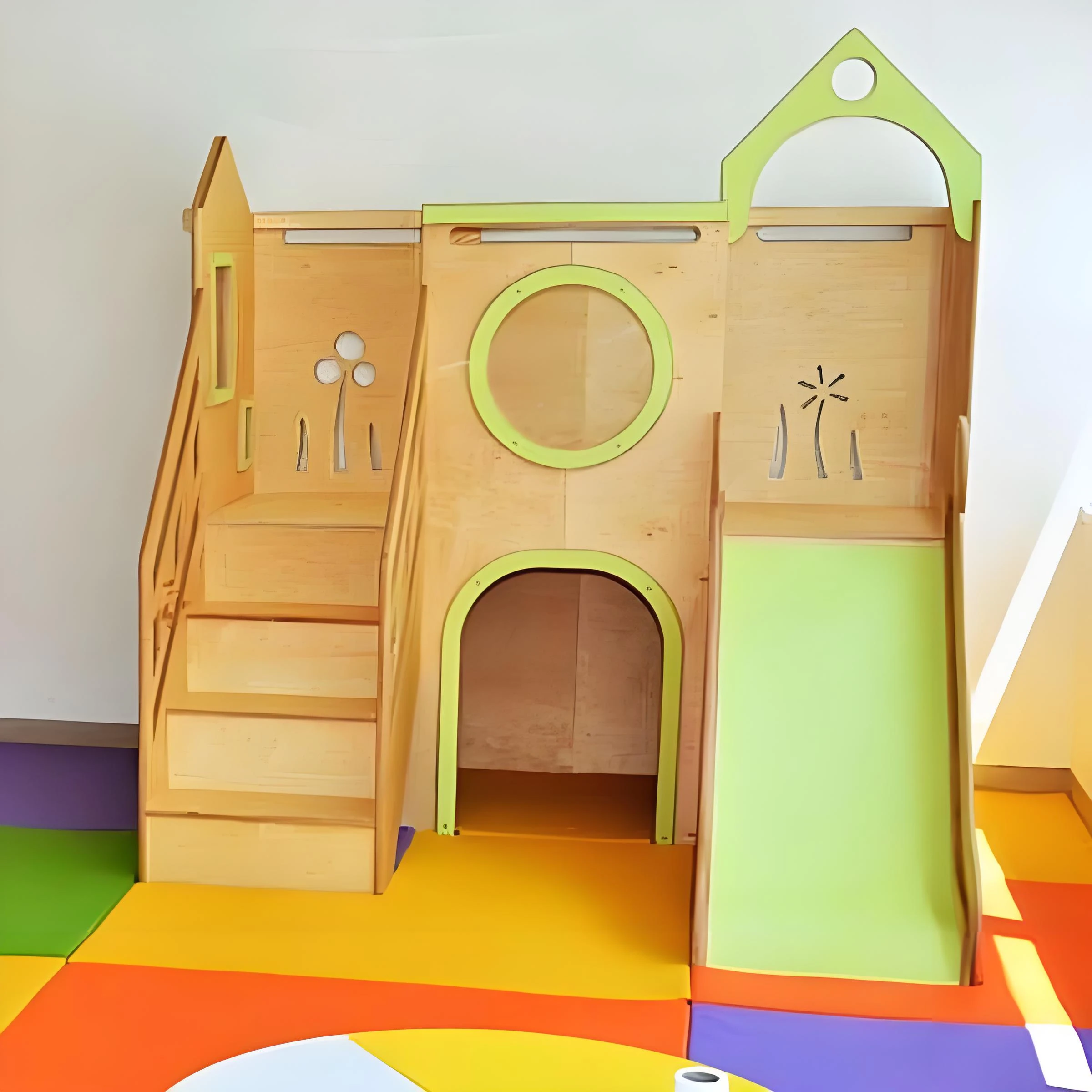 Moderno parco giochi al coperto in legno per bambini con casetta e scivolo integrati, attivit&agrave; premi