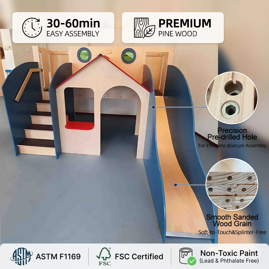 Moderno parco giochi al coperto in legno per bambini con casetta e scivolo integrati, attivit&agrave; premi