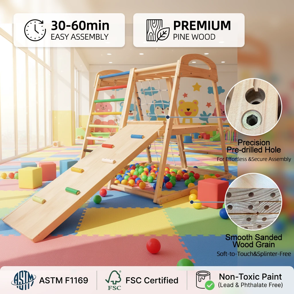 Parco giochi al coperto in legno Montessori per bambini piccoli, palestra di arrampicata multifunzio
