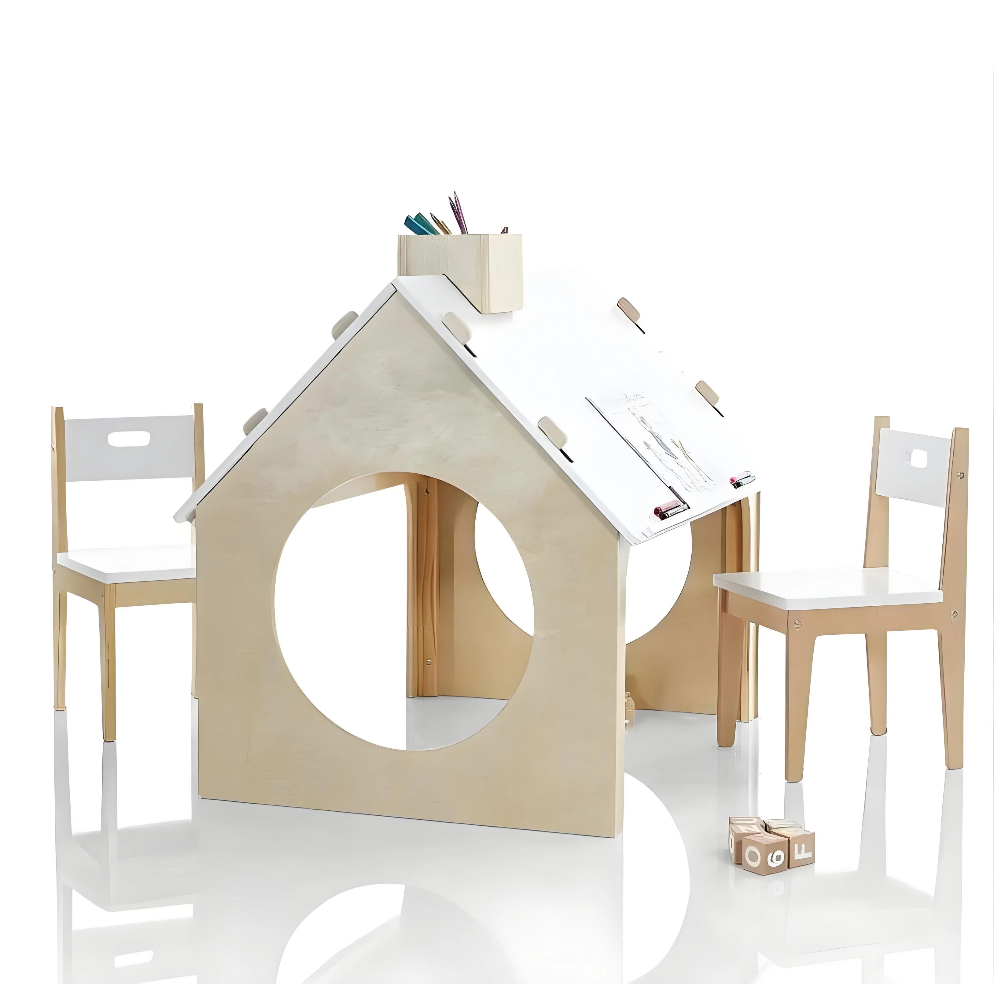 Casetta Montessori per bambini in legno con tetto in lavagna e 2 sedie, centro attivit&agrave; in stile sca