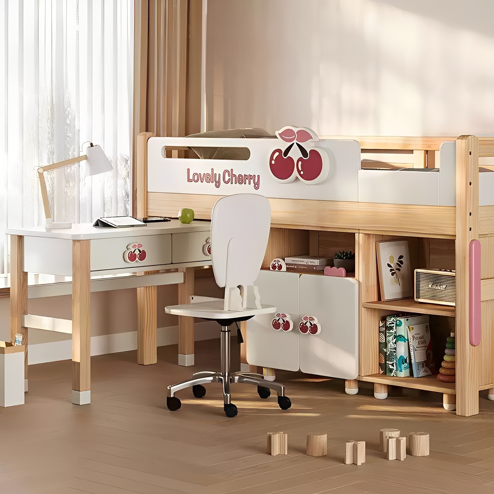 Scrivania moderna per bambini con pomelli in ciliegio e libreria abbinata, set di mobili da studio p