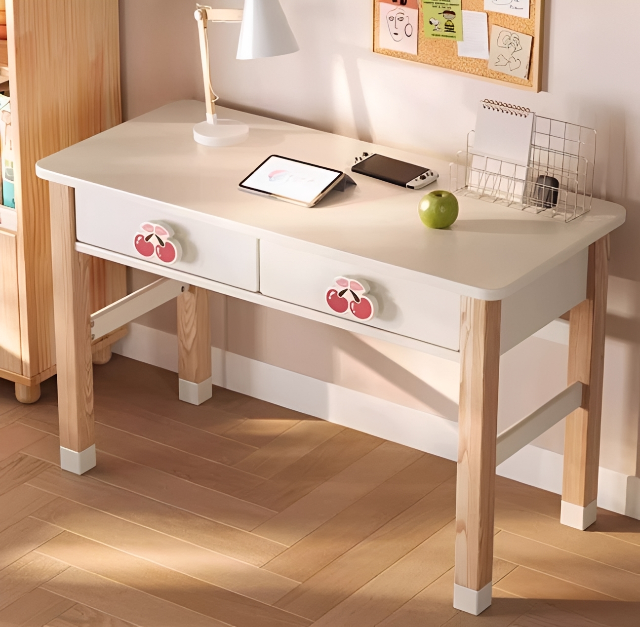 Scrivania moderna per bambini con pomelli in ciliegio e libreria abbinata, set di mobili da studio p