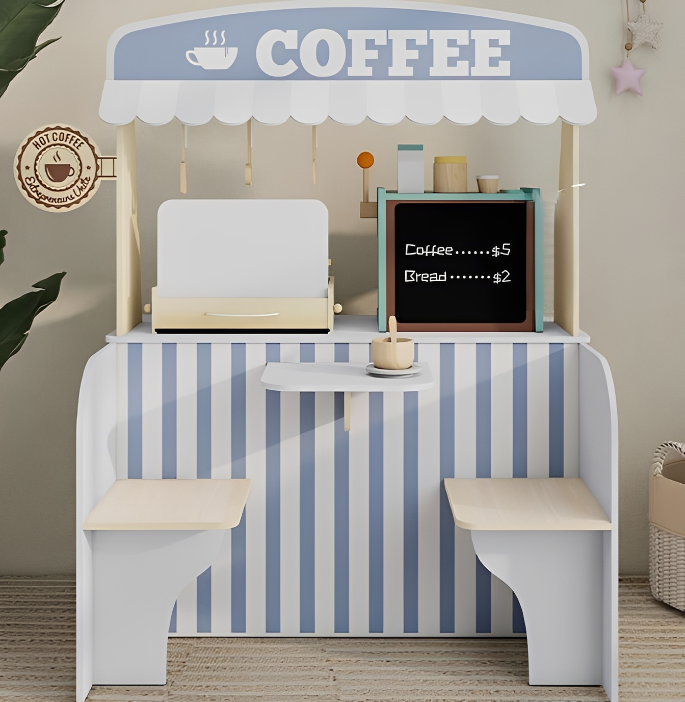 Moderno supporto da gioco in legno per caffetteria per bambini, bancone del caff&egrave; Montessori con men