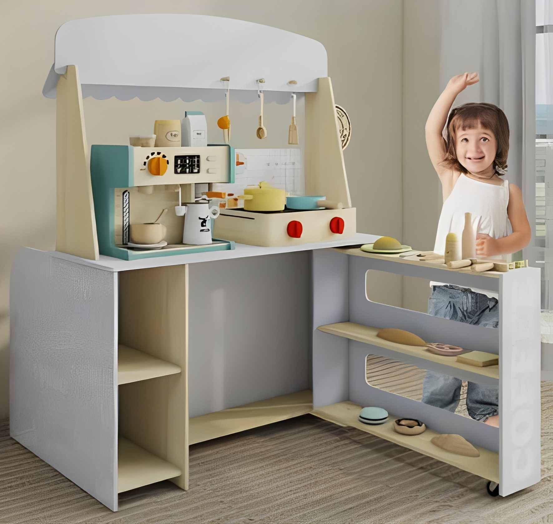 Moderno supporto da gioco in legno per caffetteria per bambini, bancone del caff&egrave; Montessori con men
