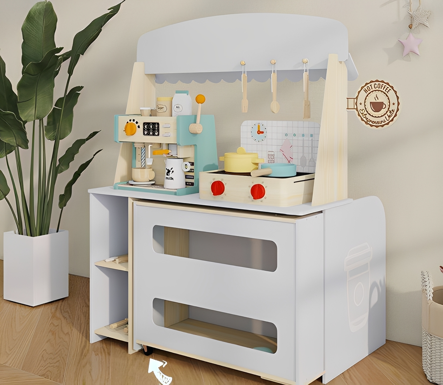 Moderno supporto da gioco in legno per caffetteria per bambini, bancone del caff&egrave; Montessori con men