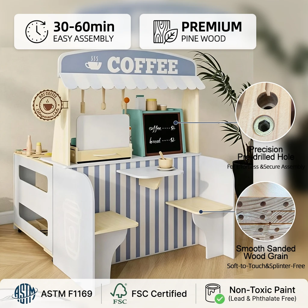 Moderno supporto da gioco in legno per caffetteria per bambini, bancone del caff&egrave; Montessori con men